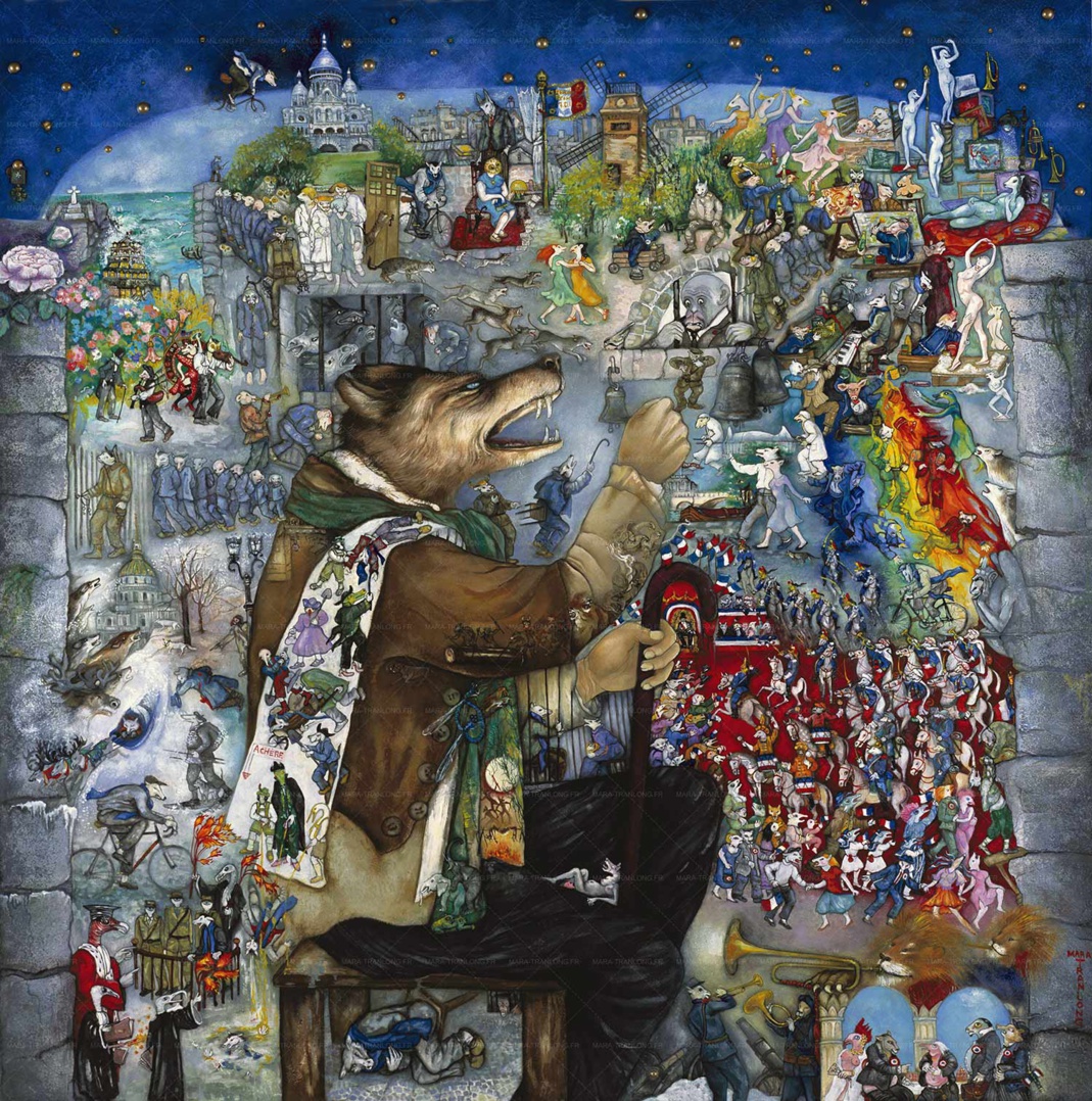 Mara Tranlong "Tumulte à Copenhague" (Féérie pour une autre fois - Normance) Acrylique-Tempera sur bois, clouté et vernis - Dimensions 110x110cm (détails en cliquant sur l'œuvre et en actionnant la molette de la souris ou cliquer sur les contrôles au bas de la fenêtre).