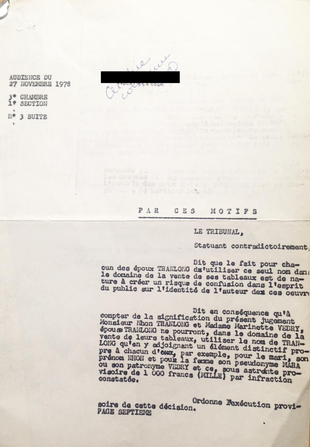Décision de justice concernant l'emploi de la signature "TRANLONG" sur les oeuvres de l'artiste Décision de justice concernant l'emploi de la signature "TRANLONG" sur les oeuvres de l'artiste