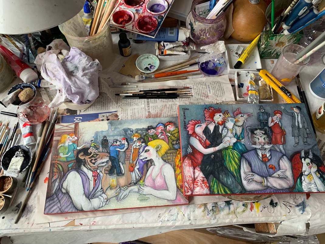 "Respect" et "Les soucis" avant vernissage - Dimensions : 28cm x 20cm - Tempéra-acrylique sur bois "Respect" et "Les soucis" avant vernissage - Dimensions : 28cm x 20cm - Tempéra-acrylique sur bois