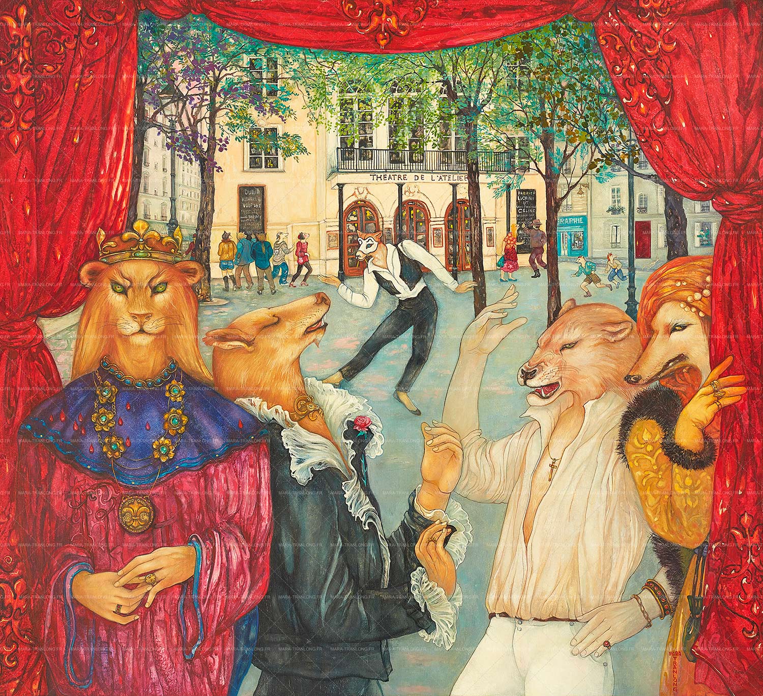 Mara Tranlong - Collection Les Loulous de Montmartre - Le rideau rouge - Peinture acrylique sur bois - 90cm x 100 cm