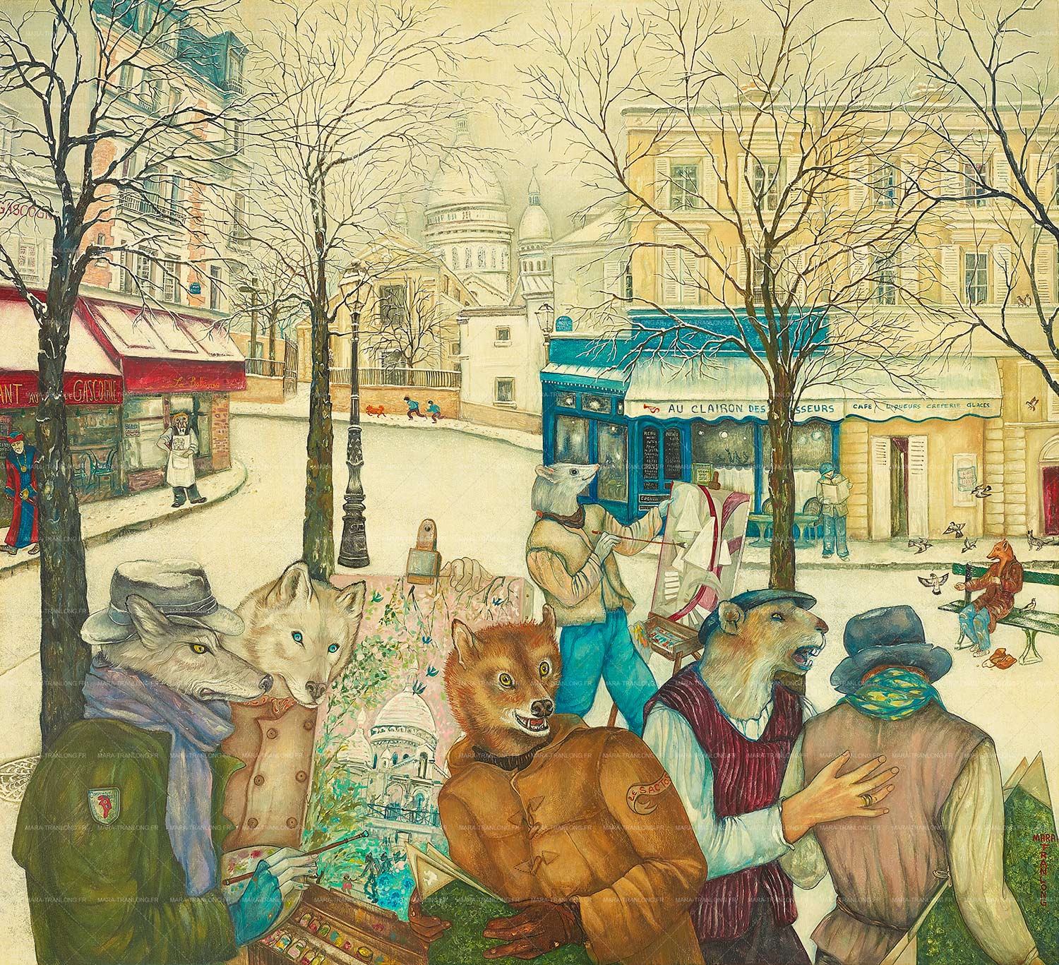 Mara Tranlong - Collection Les Loulous de Montmartre - Temps de rapin - Peinture acrylique sur bois - 90cm x 100 cm