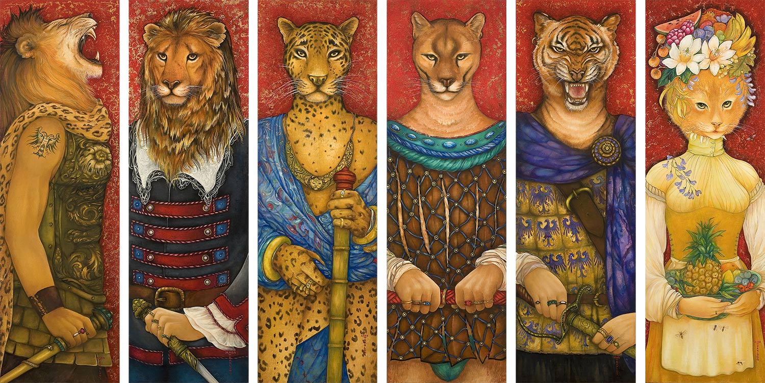 Mara Tranlong "Les Vendanges de Montmartre - Agapes - Les gardes" 6 premiers personnages de la collection. Dimensions : 30 cm x 95 cm Acrylique-Tempera sur bois vernis.