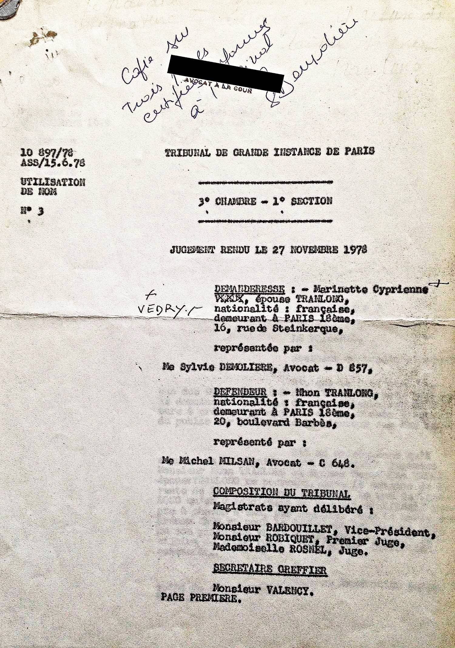 Décision de justice concernant l'emploi de la signature "TRANLONG" sur les oeuvres de l'artiste Décision de justice concernant l'emploi de la signature "TRANLONG" sur les oeuvres de l'artiste