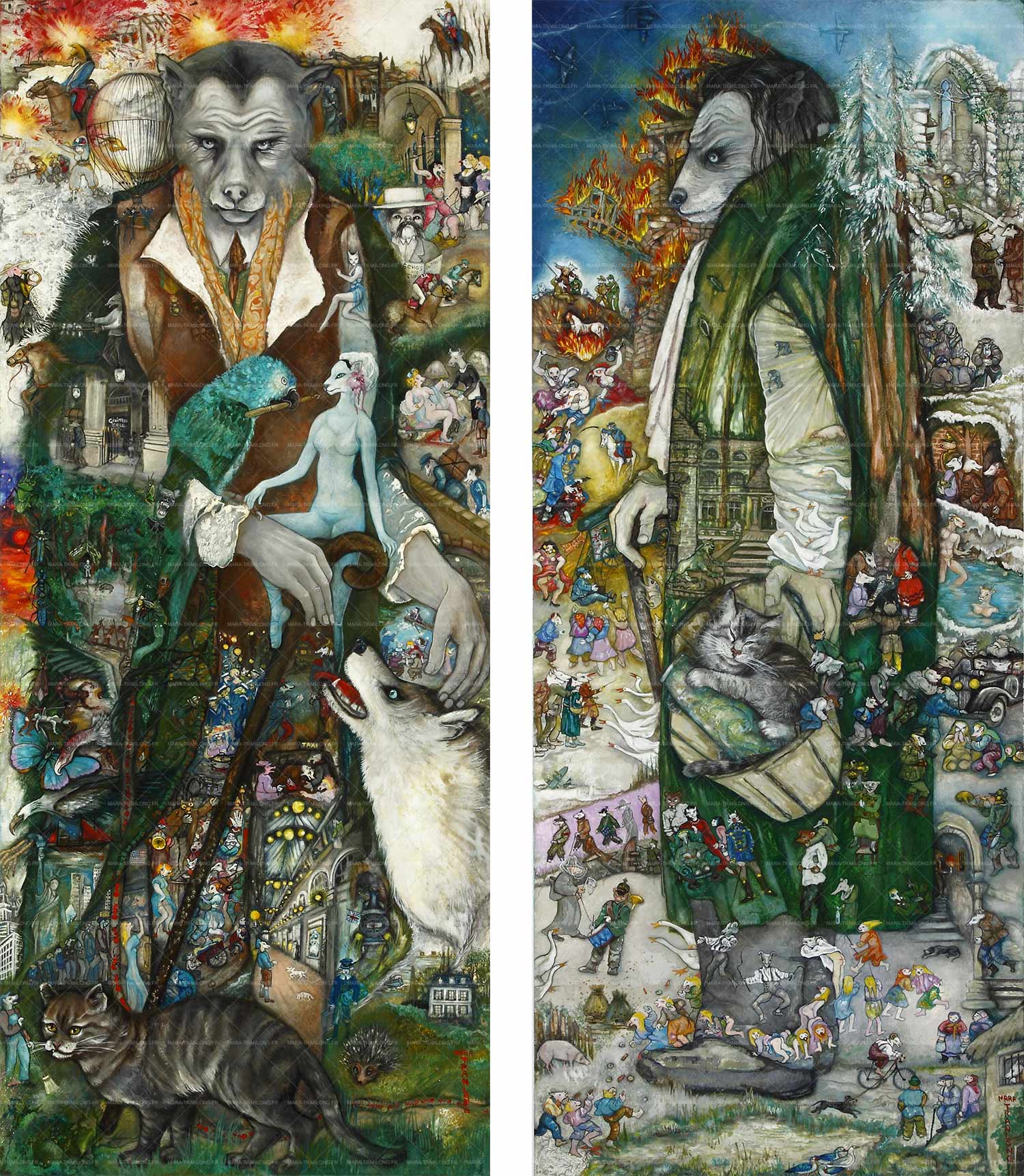 Mara Tranlong - Collection "Mon homage à Céline" - Titre : Le long voyage et Le guêpier prusco - Acrylique sur bois 50 cm x 120 cm - Année 2010 - 2011