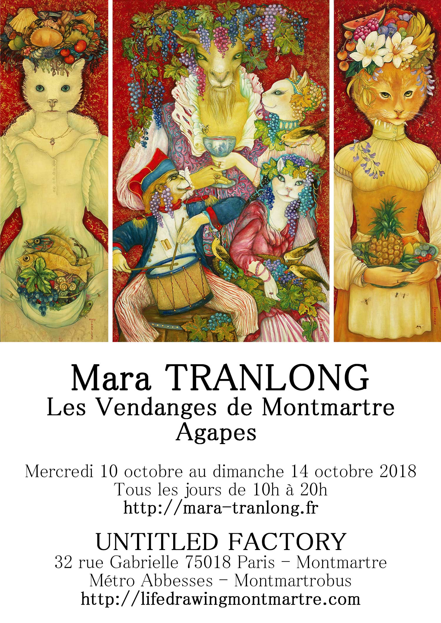 Mara Tranlong - Collection : "Les Vendanges de Montmartre - Agapes" - Titre : Roulez tambour - Tempera, acrylique sur bois - Dimensions : 95 cm x 60 cm