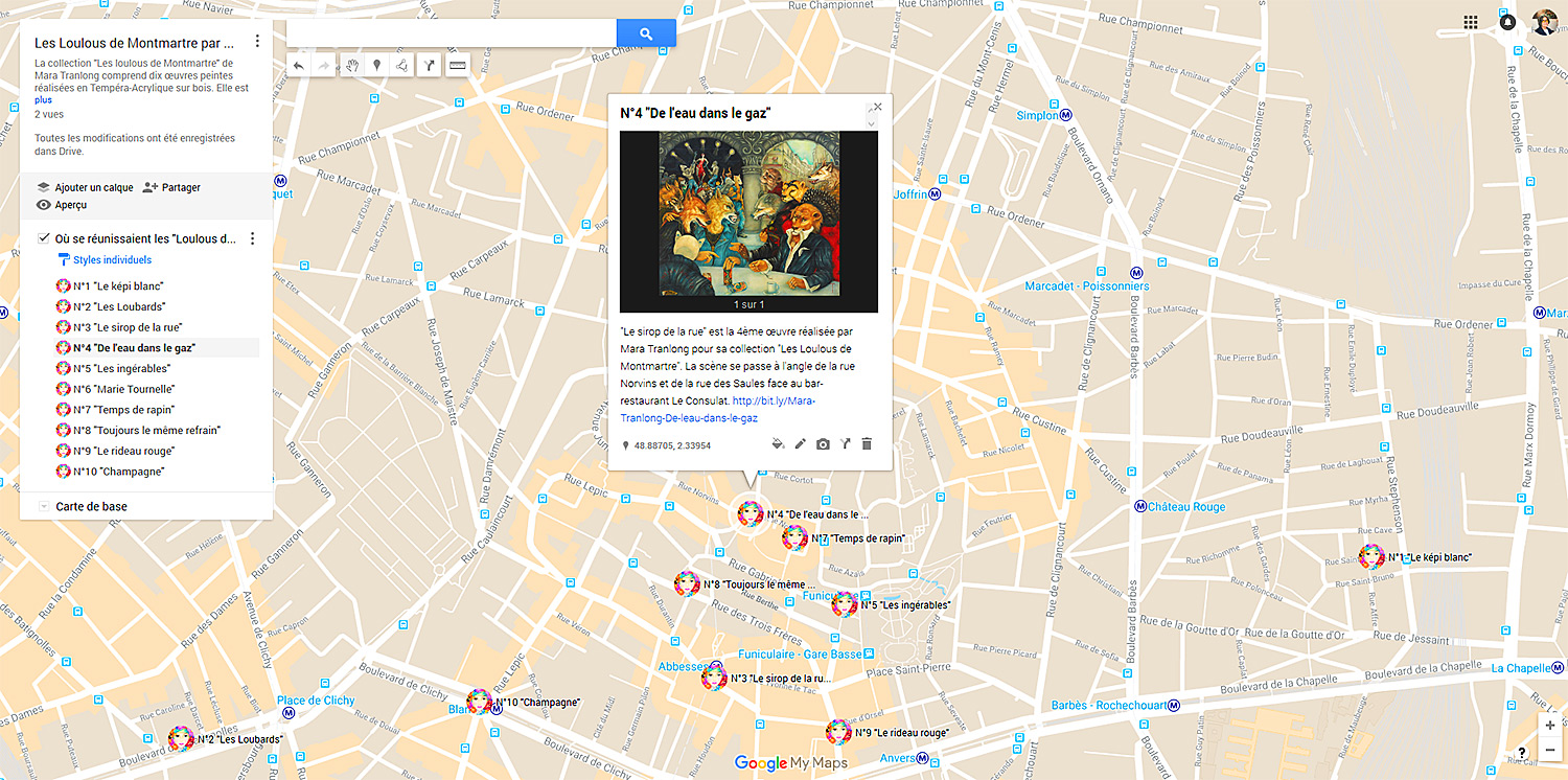 Carte Google Maps des "Loulous de Montmartre" de Mara Tranlong